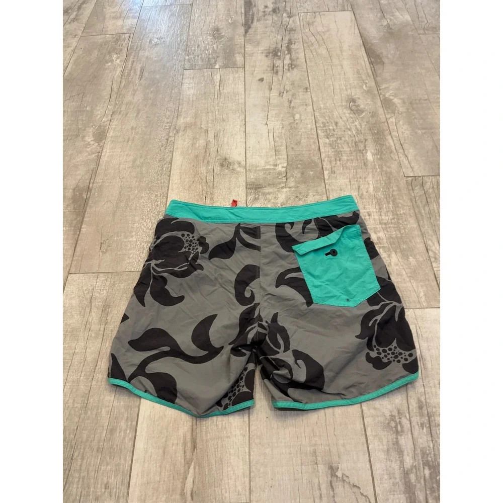 Patagonia Mens Board Shorts 34 Grey Black Floral Teal Trim Swim Trunks Nylon